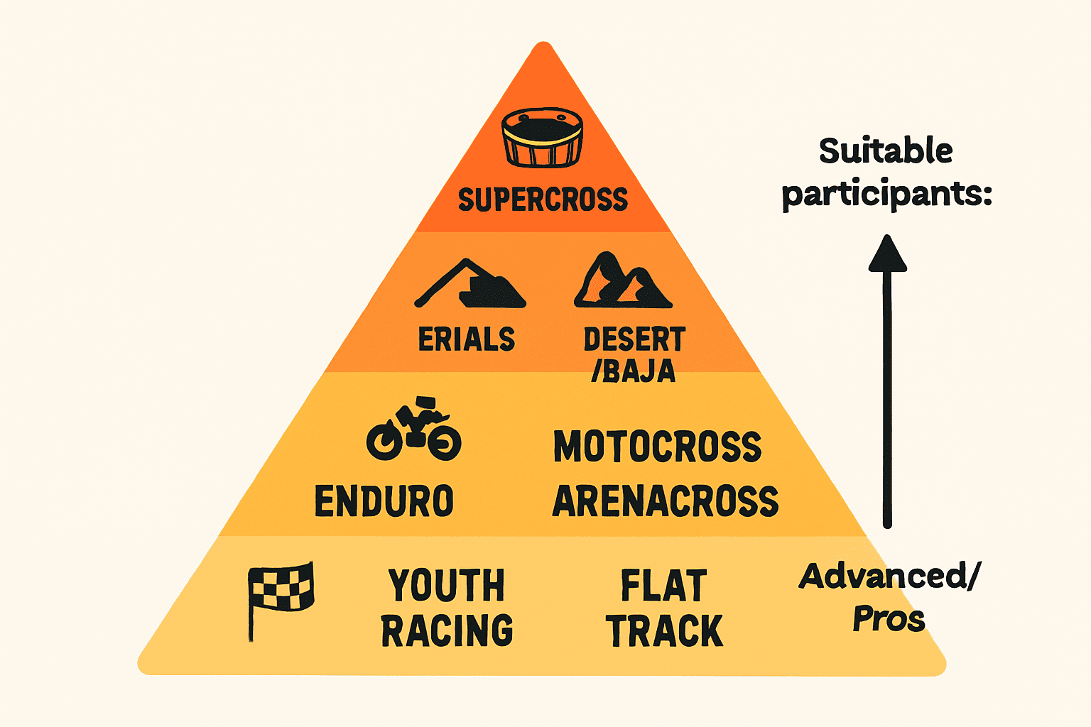 Pyramid chart showing dirt bike racing difficulty from youth and arenacross up to trials and desert at the top