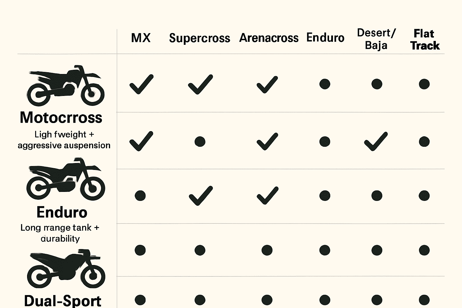 Infographic mapping motocross, enduro, trail, and dual-sport bikes to racing formats like MX, SX, enduro, desert