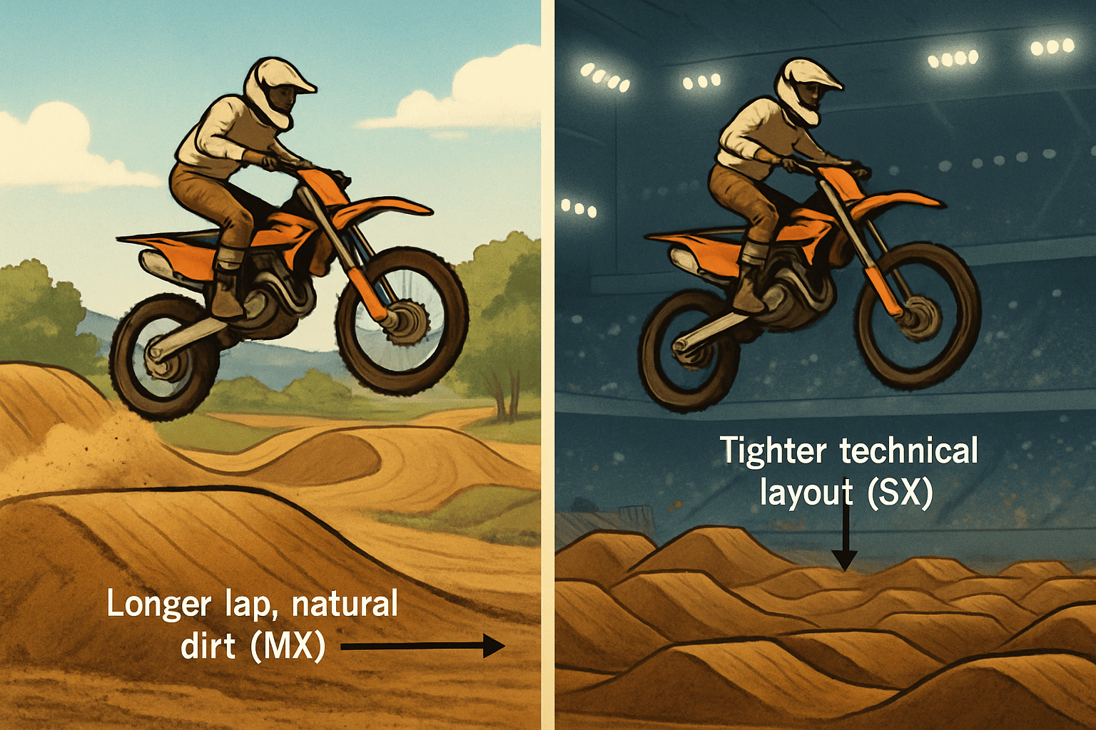 Side-by-side comparison of motocross outdoor track vs supercross indoor stadium track with jumps and rhythm sections