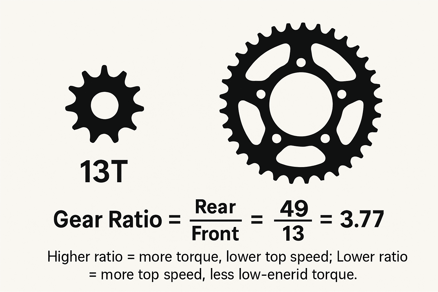 Infographic explaining dirt bike sprocket gear ratio with front vs rear teeth and example 13/49 = 3.77