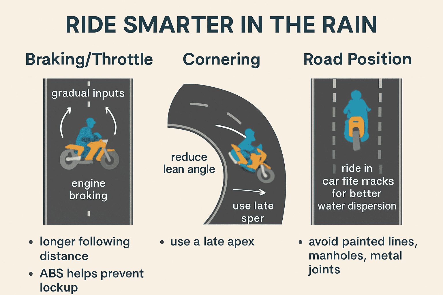 Wet‑weather riding techniques: smooth throttle and braking, longer following distance, use car tire tracks, late apex, avoid painted and metal surfaces