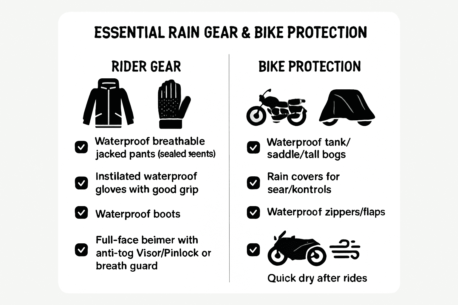 Checklist of rain gear and bike protection: waterproof jacket/pants, insulated gloves, waterproof boots, anti‑fog visor/Pinlock, dry bags and covered controls