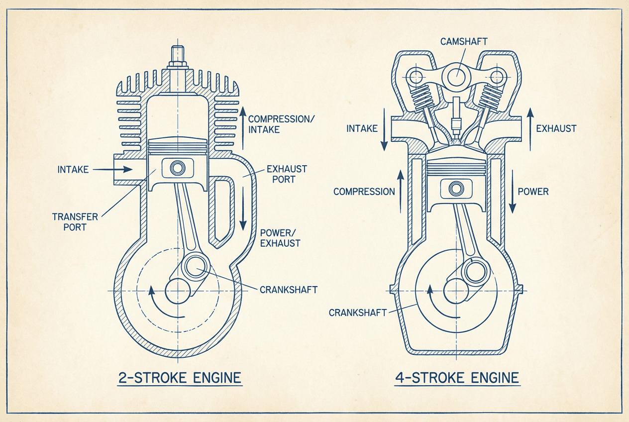 Cross-section diagram comparing 2-stroke and 4-stroke dirt bike engine mechanics
