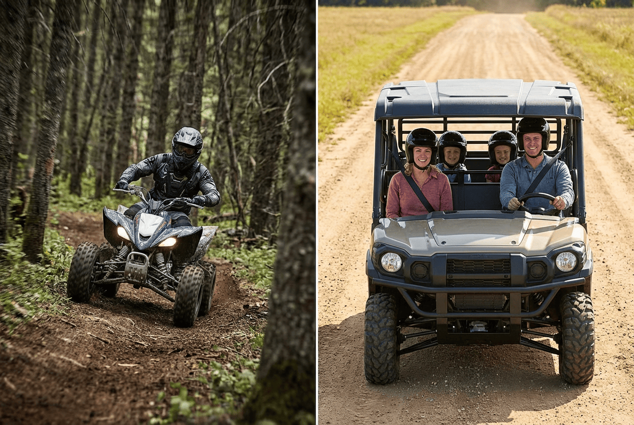 ATV solo rider on narrow trail compared to family riding together in UTV side-by-side