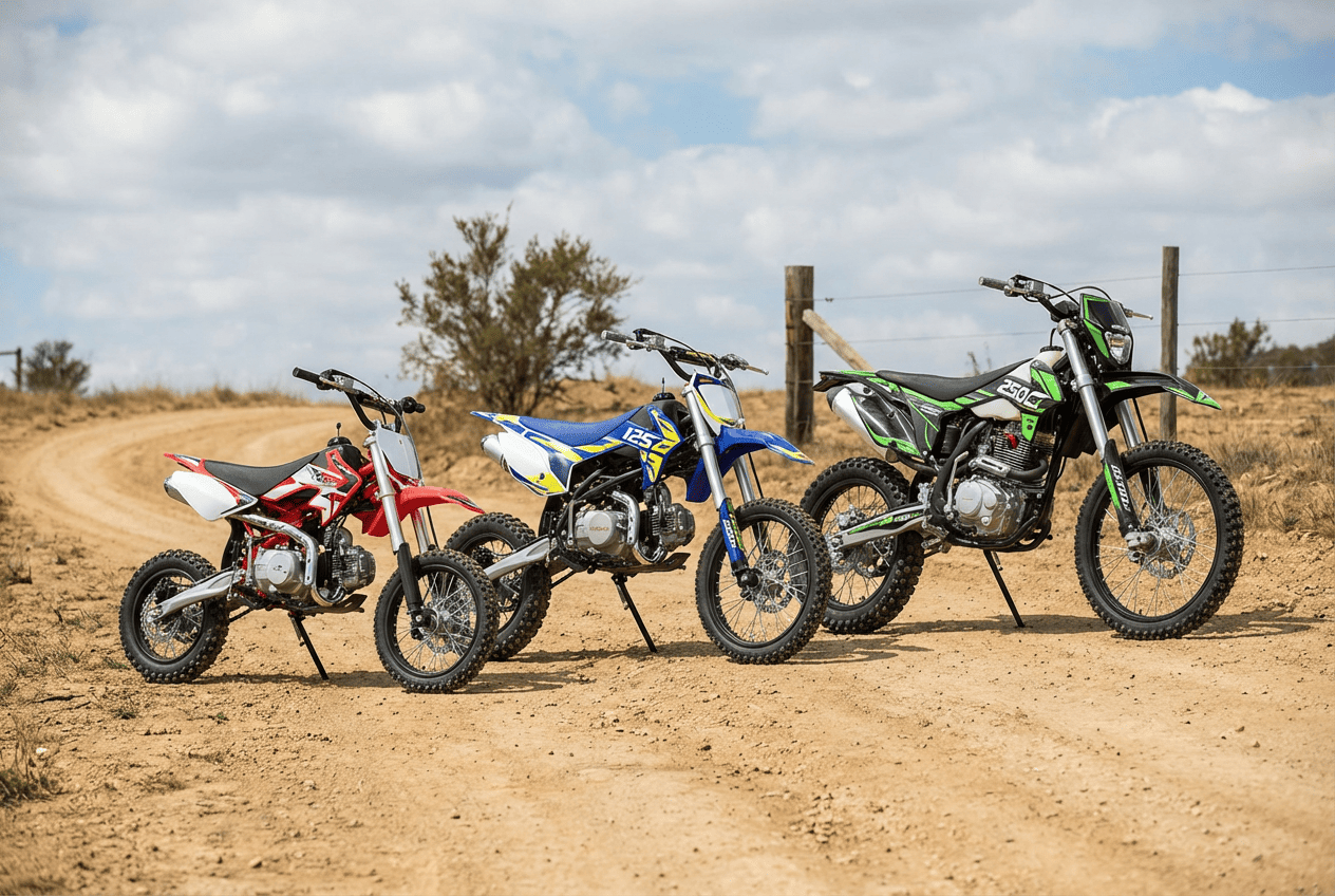 Dirt bike engine size comparison showing 110cc, 125cc, and 250cc models for beginners