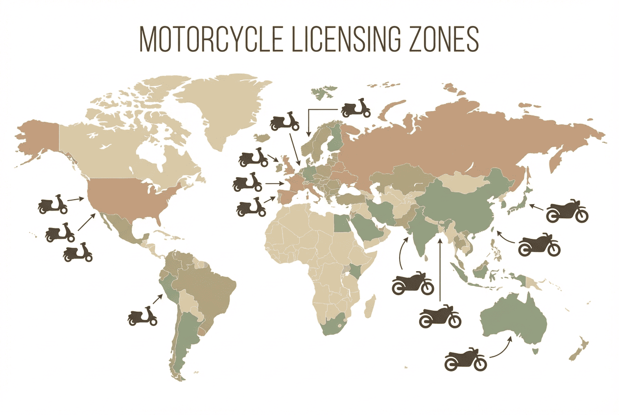 World map showing motorcycle license CC limits and regulations across different regions